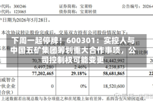下周一起停牌！600301：实控人与中国五矿集团筹划重大合作事项，公司控制权可能变更