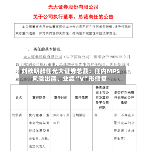 刘秋明辞任光大证券总裁：任内MPS风险出清	、业绩“V	”形修复-第1张图片